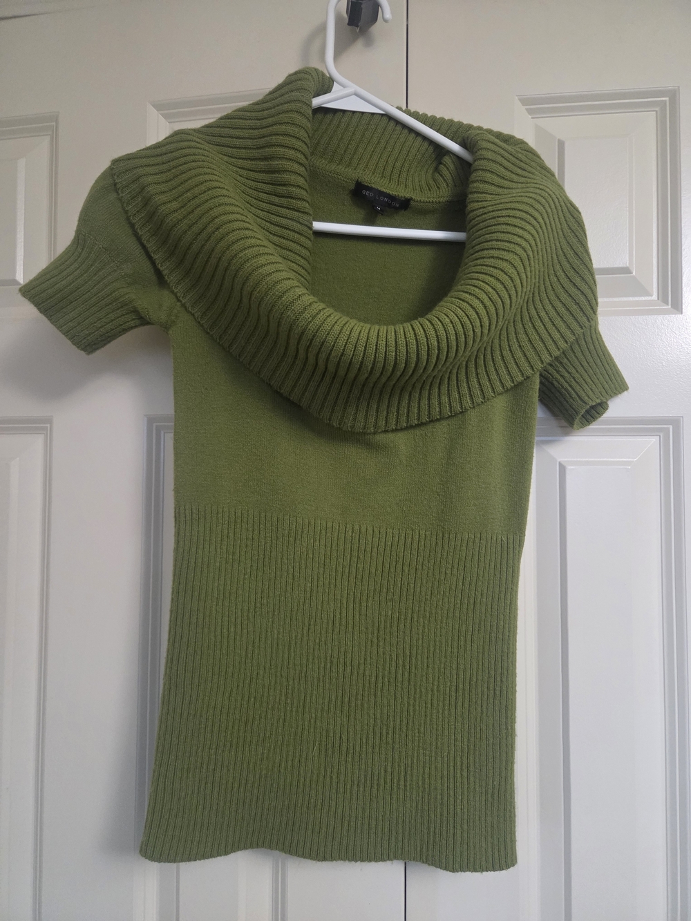 QED London Olive Green Short-Sleeve Cowl Neck Sweater